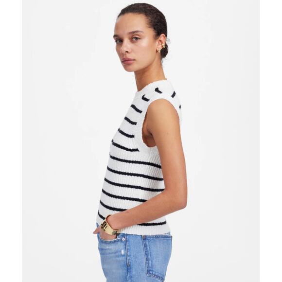 Madewell Bouclé-Knit Sweater Tank WMNS XS Cream Black Striped Crew Neck Pullover - Picture 3 of 8